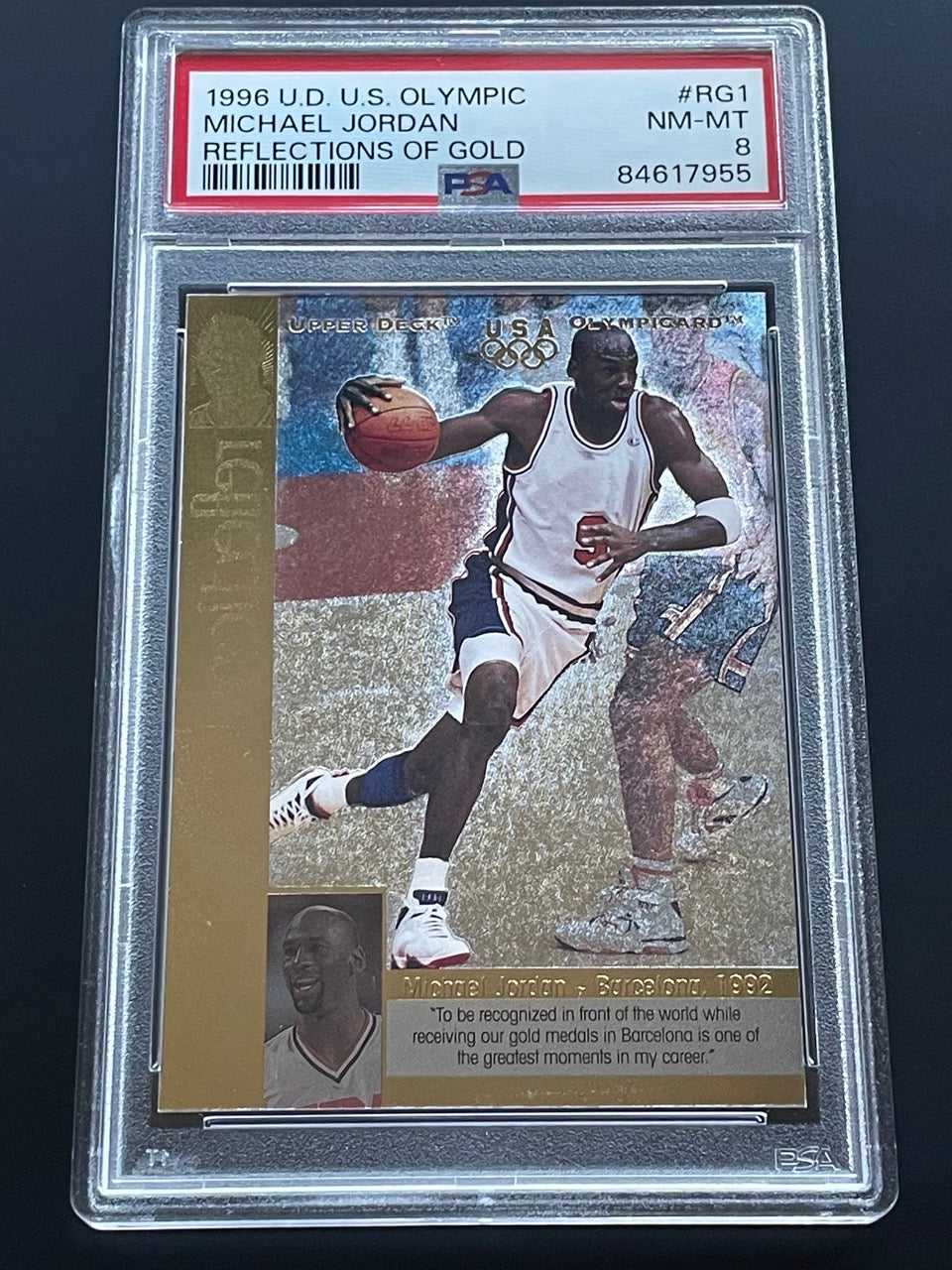 1996 Upper Deck US Olympic Michael Jordan Reflections of Gold #RG1 PSA 8