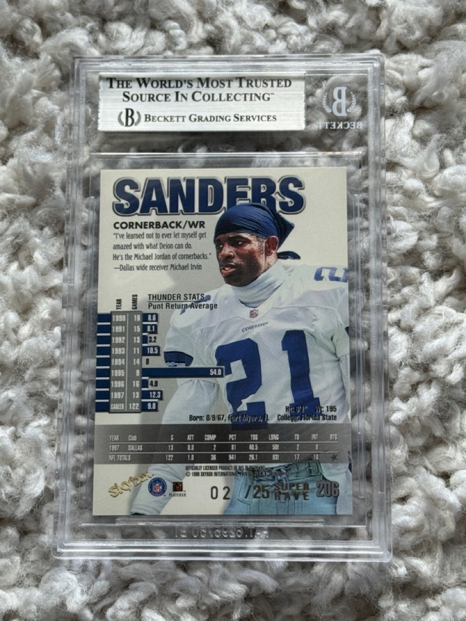 1998 Skybox Thunder Deion Sanders #206 Super Rave /25 BGS 8 - back