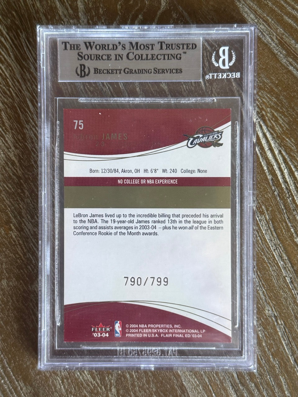 2003 Flair Final Edition LeBron James RC #75 /799 BGS 9 STRONG SUBS - back