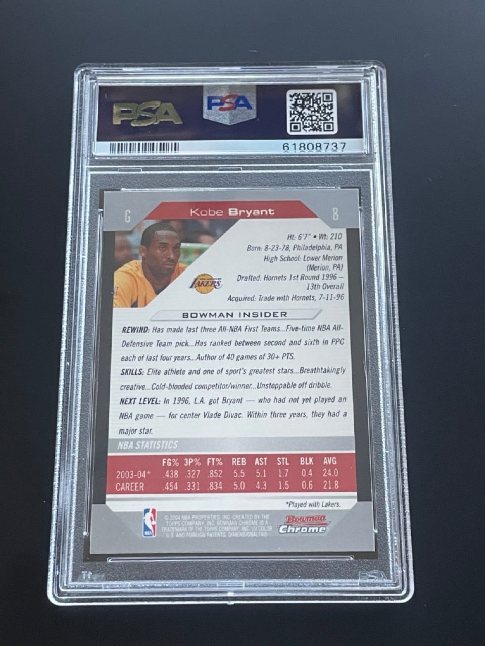 2004 Bowman Chrome Kobe Bryant #8 PSA 10 Los Angeles Lakers - back