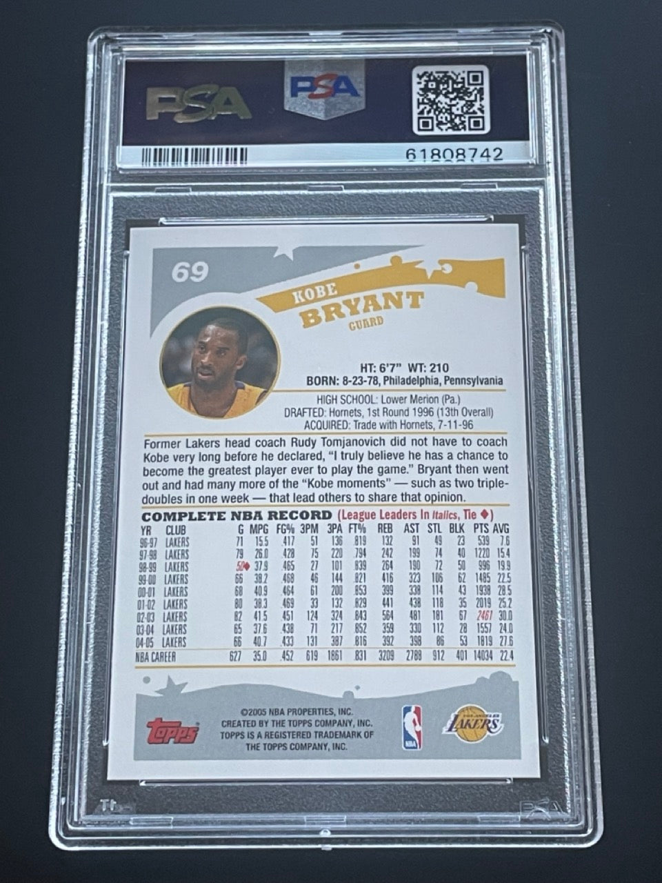 2005 Topps Kobe Bryant #69 PSA 9 Los Angeles Lakers - back
