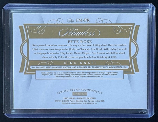 2020 Panini Flawless Pete Rose Ruby Milestones Game Used Patch Auto On-Card #2/15 2 Color Patch - back