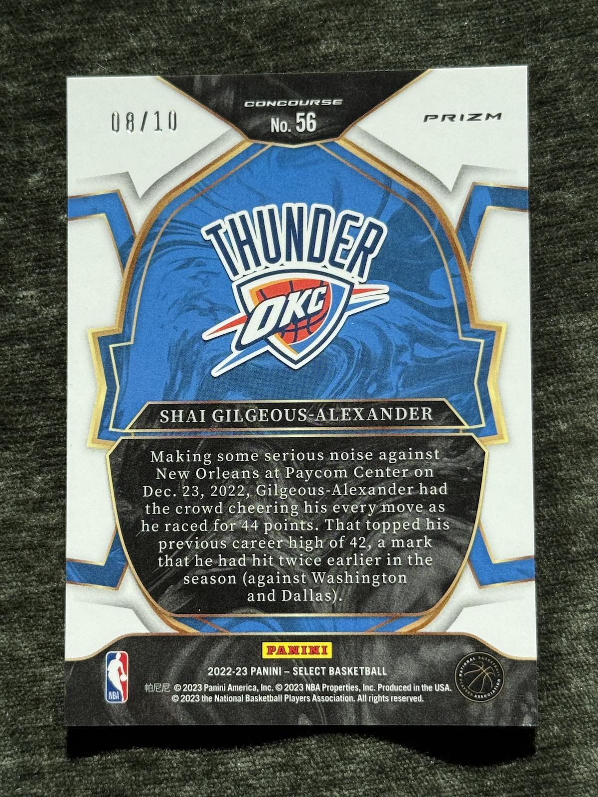 2022 Select Shai Gilgeous Alexander Gold Prizm /10 Concourse #56 - back