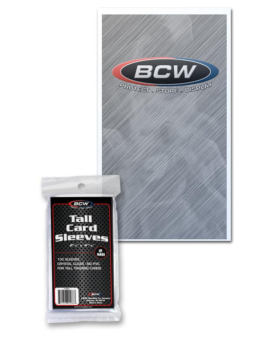 100 Pack BCW Tall Boy Penny Sleeves - picturing a pack of 100 and a zoomed in sleeve with BCW branded insert inside.