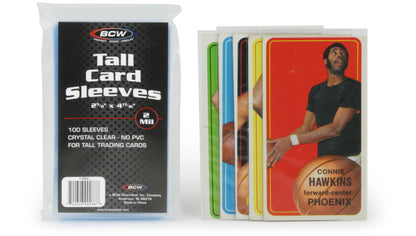 100 Pack BCW Tall Boy Penny Sleeves - pack of 100 sleeves pictured, along with 1969 and 1970 Topps Basketball cards sleeved (5 card pictured)