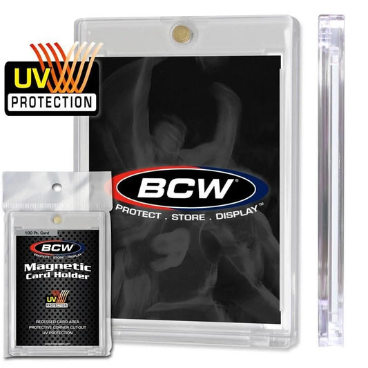 BCW Magnetic Card Holder Standard Card Size 100 PT thickness - Front and side with holder in pack UV protected