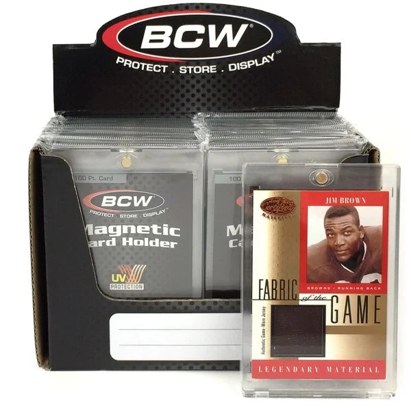 10 Pack BCW Magnetic Card Holders Standard Card Size 100 PT. thickness - Pack of 10 in box, along with encased Game Jersey Patch of Jim Brown in front