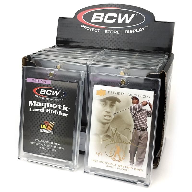 10 Pack BCW Magnetic Card Holders Standard Card Size 180 PT. thickness - Pack of 10 in box, along with encased Tiger Woods Auto One of One in front