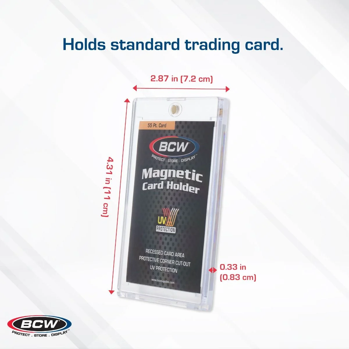 BCW Magnetic Card Holder 55 Pt. for Standard Card Sizes; picturing card holder dimensions 4.31 " height x 2.87" width x 0.33" depth