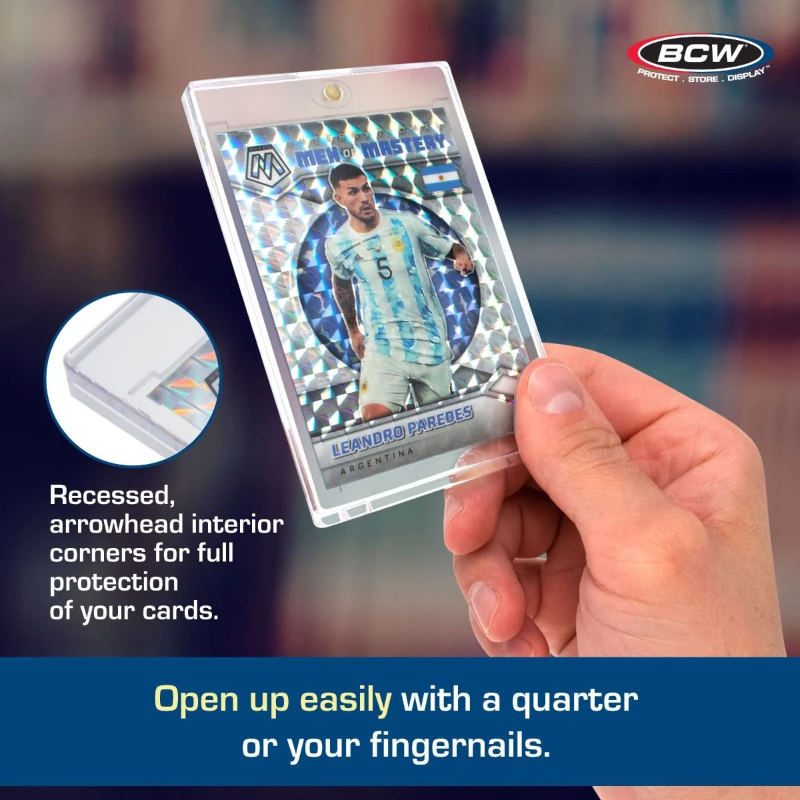 BCW Magnetic Card Holder 55 Pt. for Standard Card Sizes - zoomed in to depict arrowhead corner design to prevent card corners from touching case. Easily open card case with a quarter or fingernail to pull apart magnetic closure