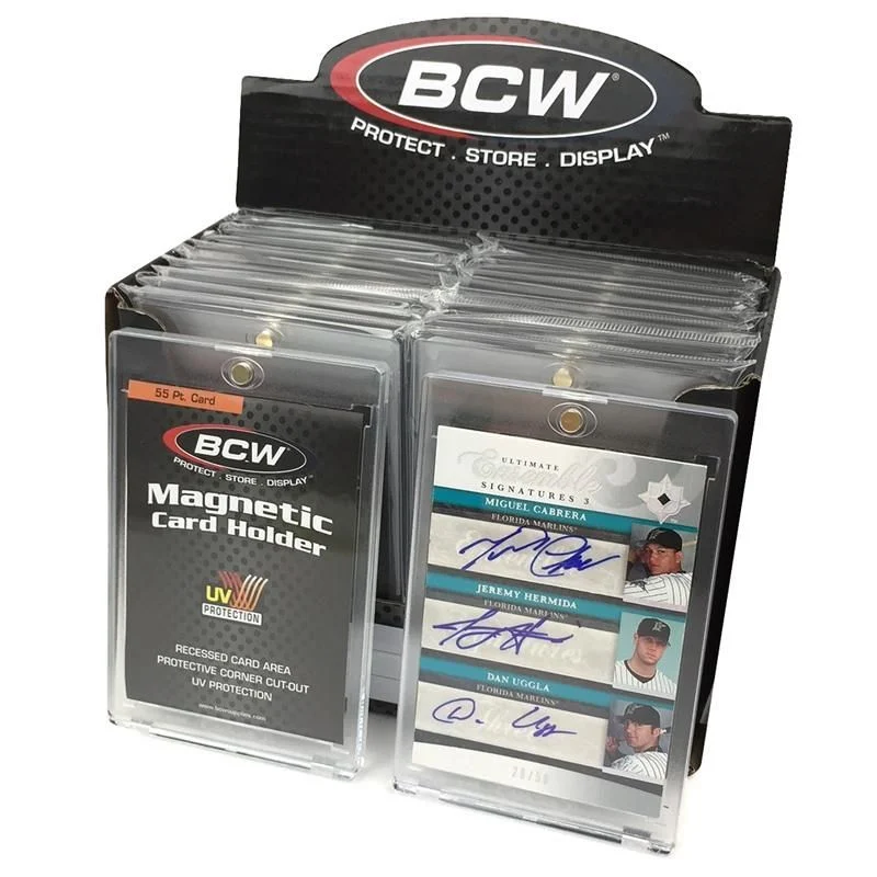 10 Pack BCW Magnetic Card Holders Standard Card Size 55 Pt; pictured with triple auto baseball card in magnetic case holder