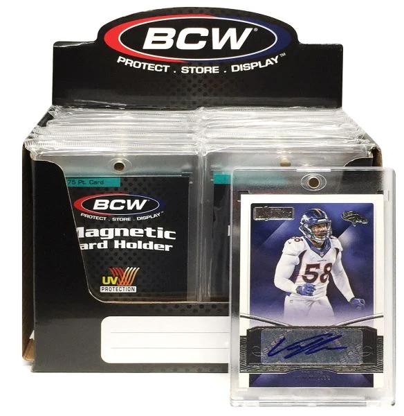 10 Pack BCW Magnetic Card Holders Standard Card Size 75 PT. thickness - Pack of 10 in box, along with encased autographed football card in holder in front