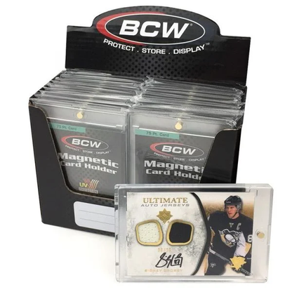 10 Pack BCW Magnetic Card Holders Standard Card Size 75 PT. thickness - Pack of 10 in box, along with encased Ultimate Auto Jerseys patch Sydney Crosby in holder in front