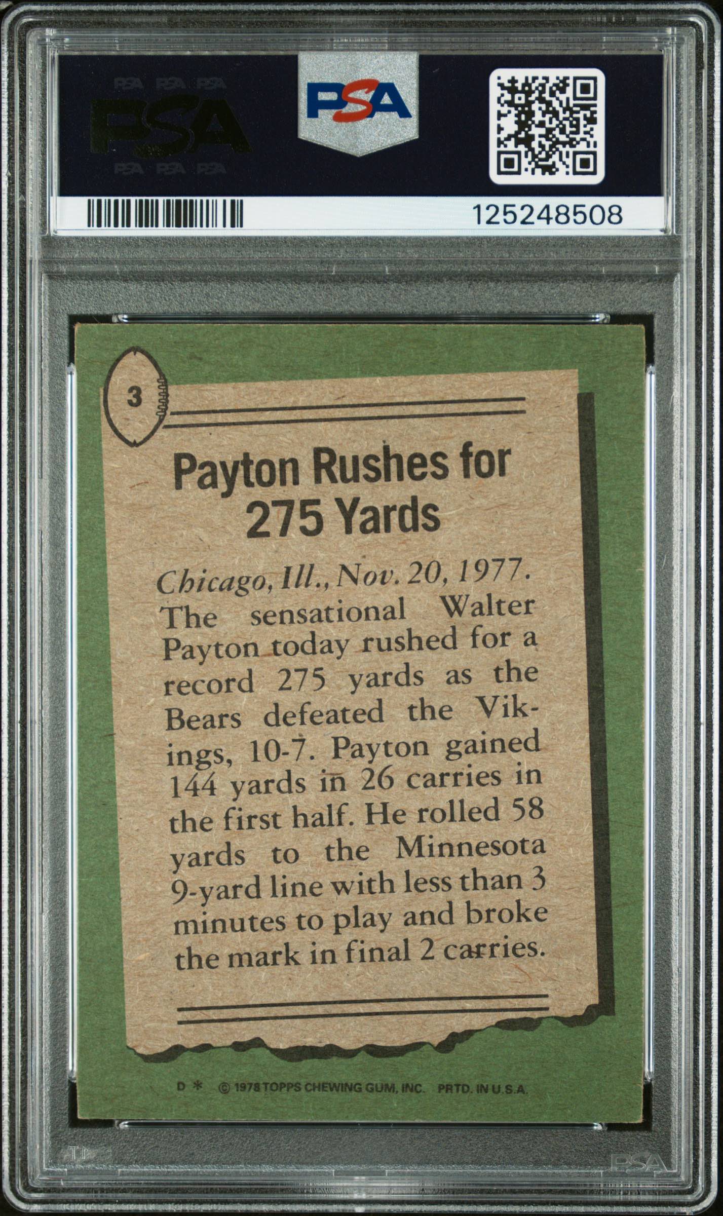 1978 Topps Walter Payton #3 PSA 2 Auto 10 Chicago Bears - back