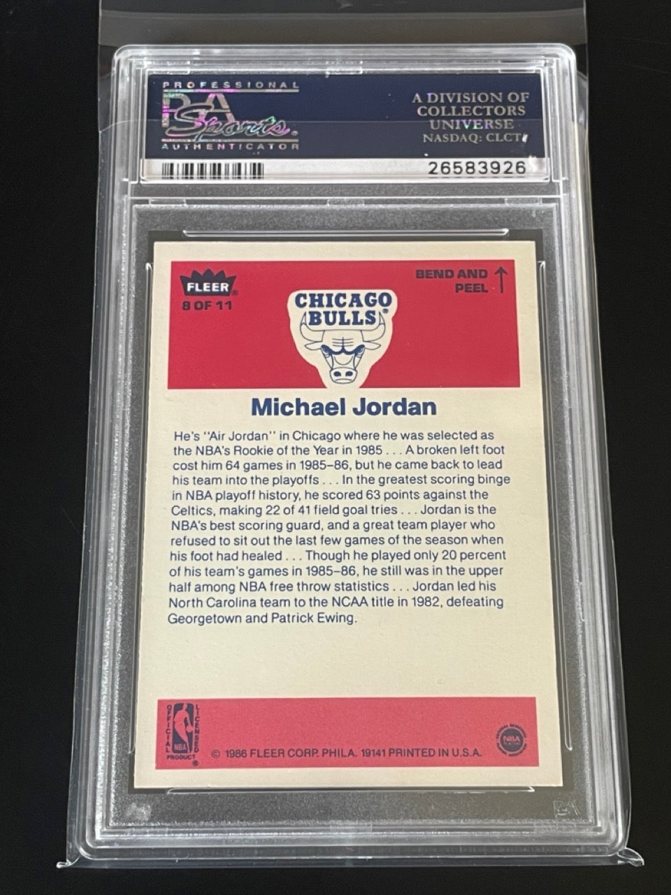 1986 Fleer Sticker Michael Jordan Rookie Card #8 PSA 8 Chicago Bulls - back