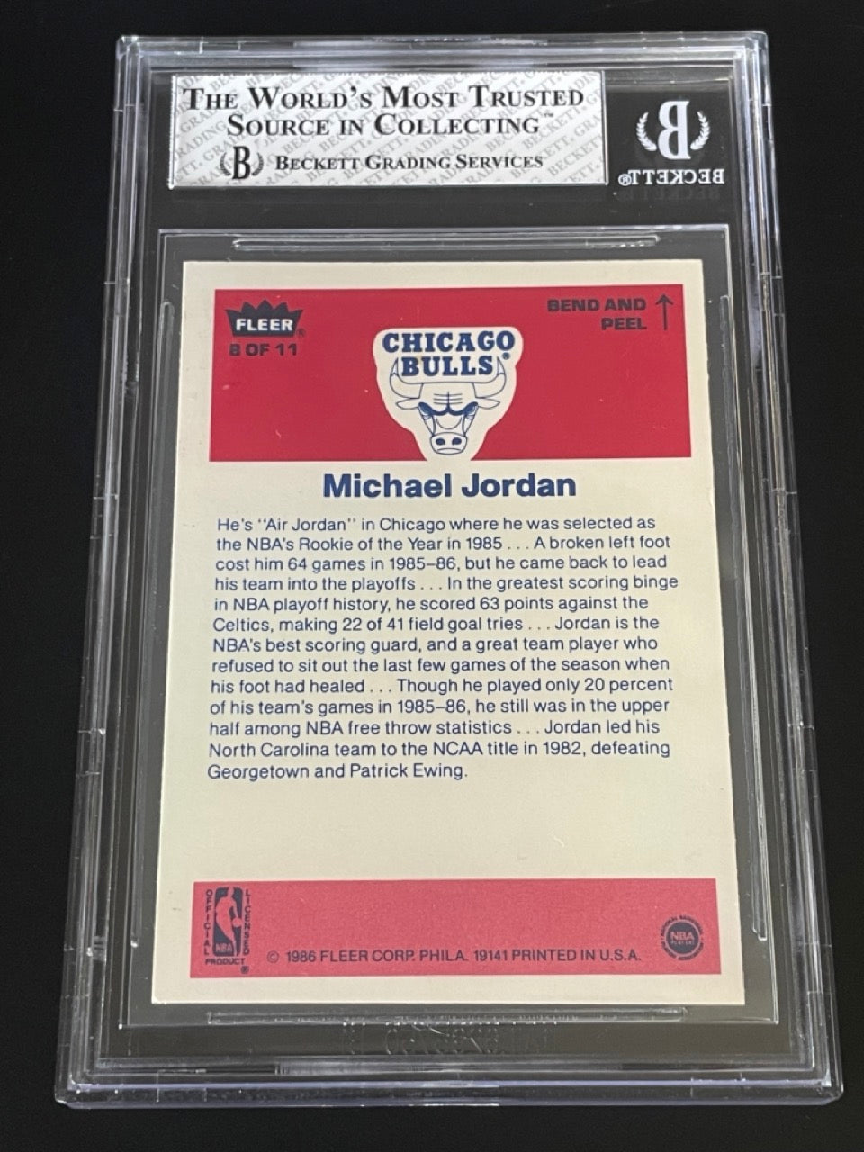 1986 Fleer Sticker Michael Jordan Rookie Card #8 BGS 8 Chicago Bulls - back
