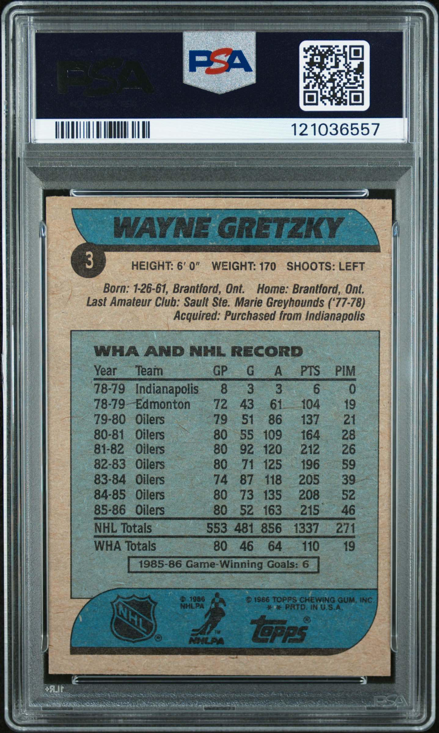 1986 Topps Wayne Gretzky #3 PSA 8 Auto 10 - back