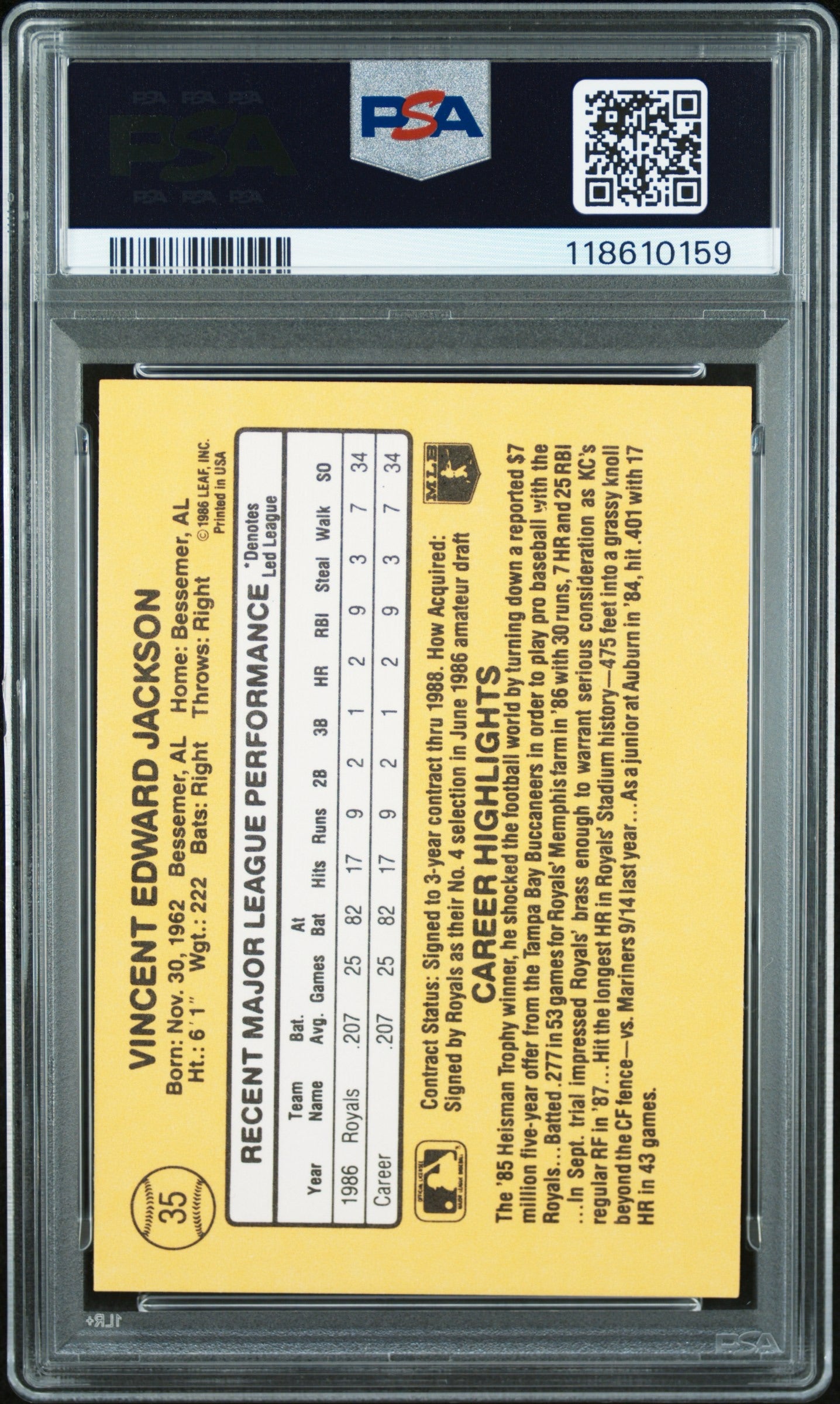 1987 Donruss Bo Jackson RC #35 PSA 10 Auto 10 - back