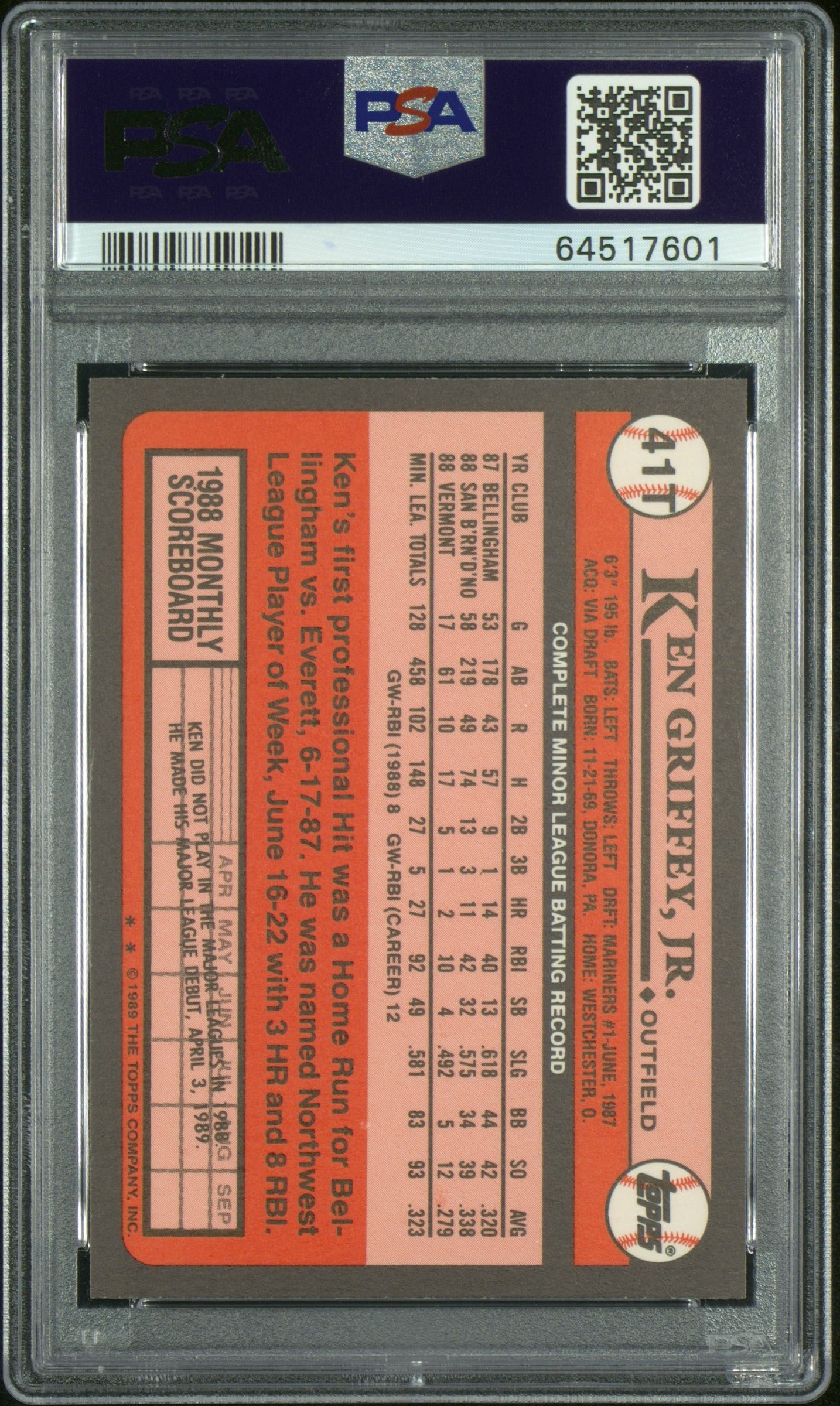 1989 Topps Traded Ken Griffey Jr. RC #41T PSA 10 Auto 10 - back