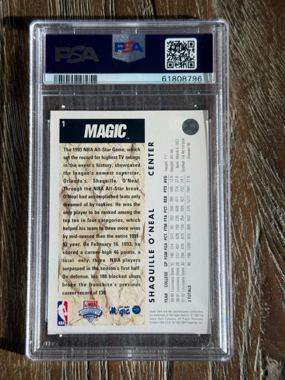 1992 Upper Deck Shaquille O'Neal #1 PSA 8 back
