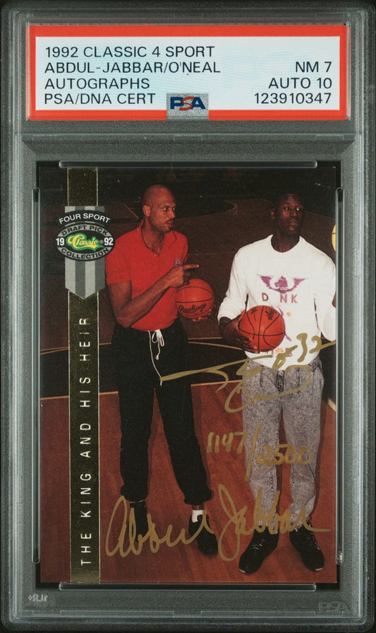 1992 Classic 4 Sport Kareem Abdul-Jabbar & Shaquille O'Neal Dual Auto /2500 PSA 7 Auto 10