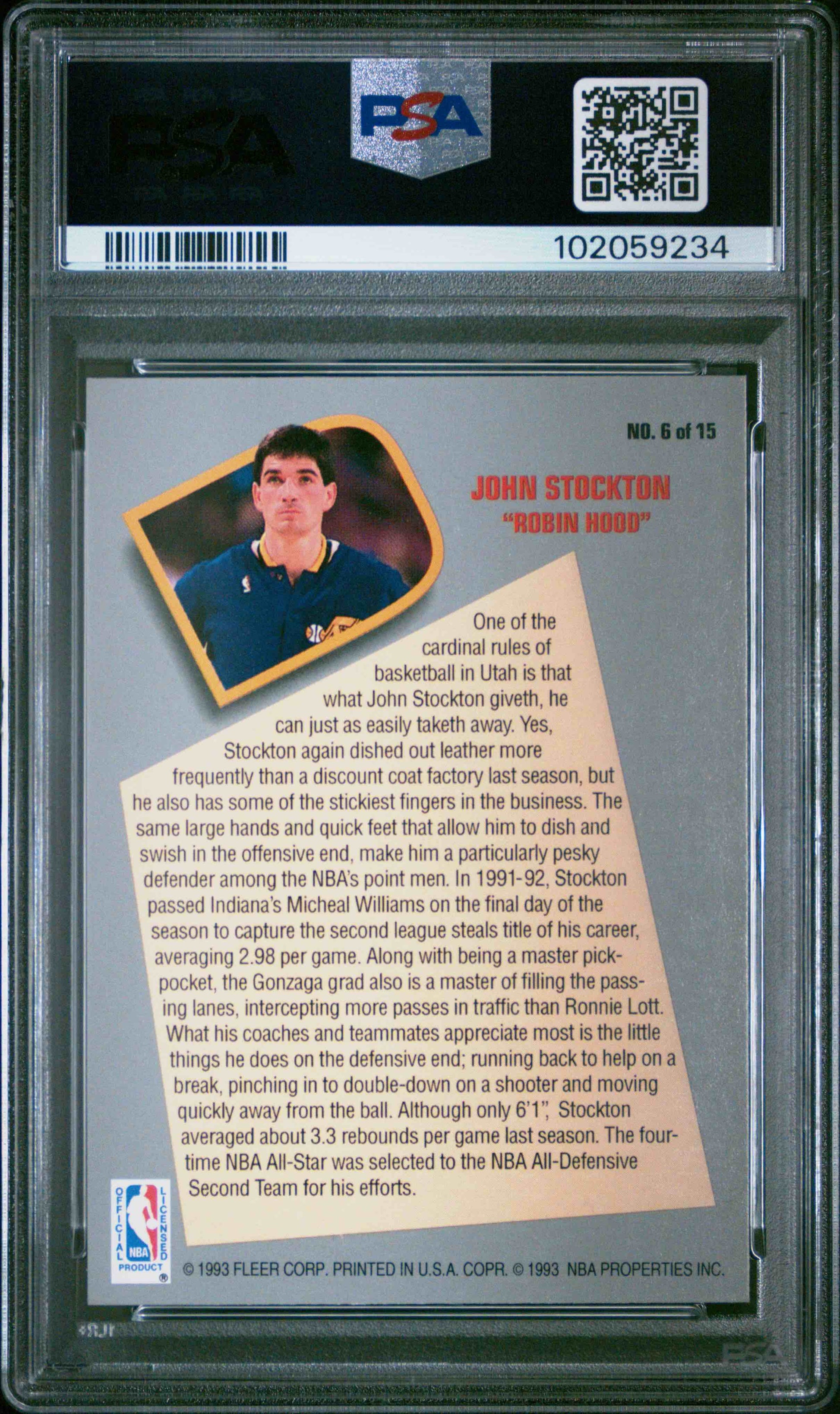 1992 Fleer John Stockton Total D #6 PSA 10 - back