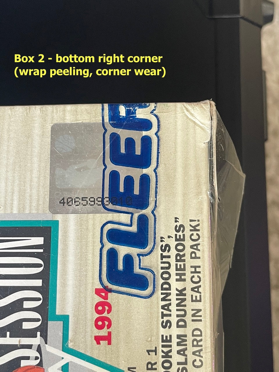 1993-94 Fleer NBA Jam Session Premiere Edition Basketball Factory Sealed Box 2 - bottom right corner showing some corner wear and wrapper peeling