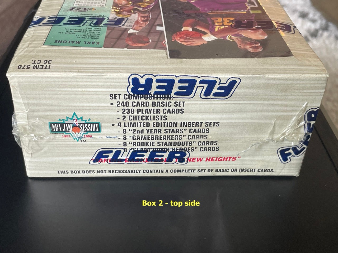 1993-94 Fleer NBA Jam Session Premiere Edition Basketball Factory Sealed Box 2 - top side depicting inserts included in set "2nd Year Stars", "GameBreakers", "Rookie Standouts", and "Slam Dunk Heroes"