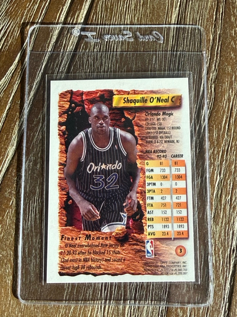 1993 Finest Shaquille O'Neal #3 back