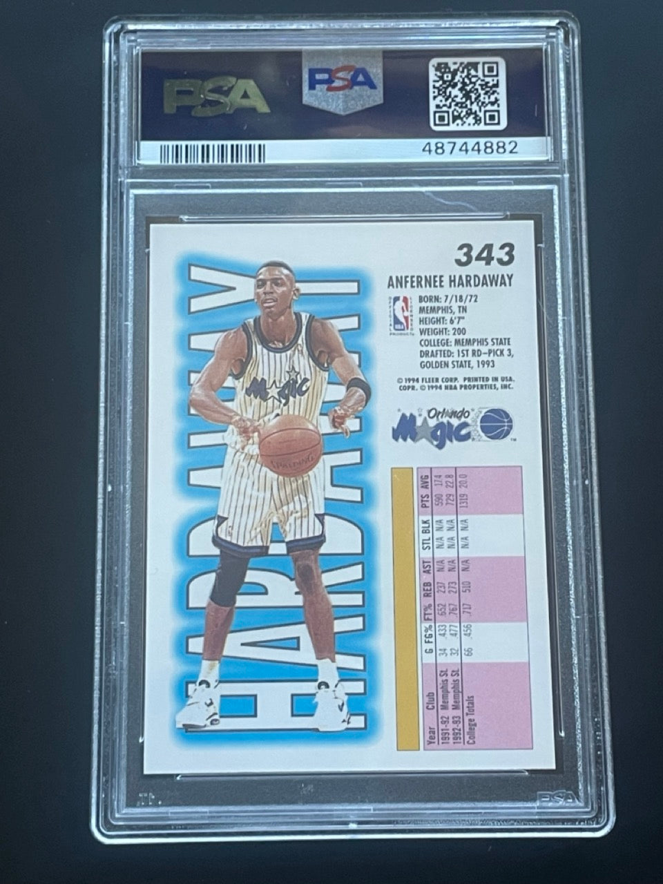 1993 Fleer Anfernee Hardaway Rookie #343 PSA 10 Orlando Magic - back