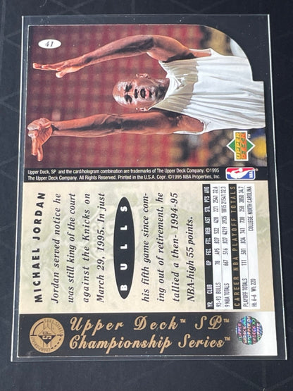 1995 Upper Deck SP Championship Series Michael Jordan Die Cut #41 - "He's Back" - back of card