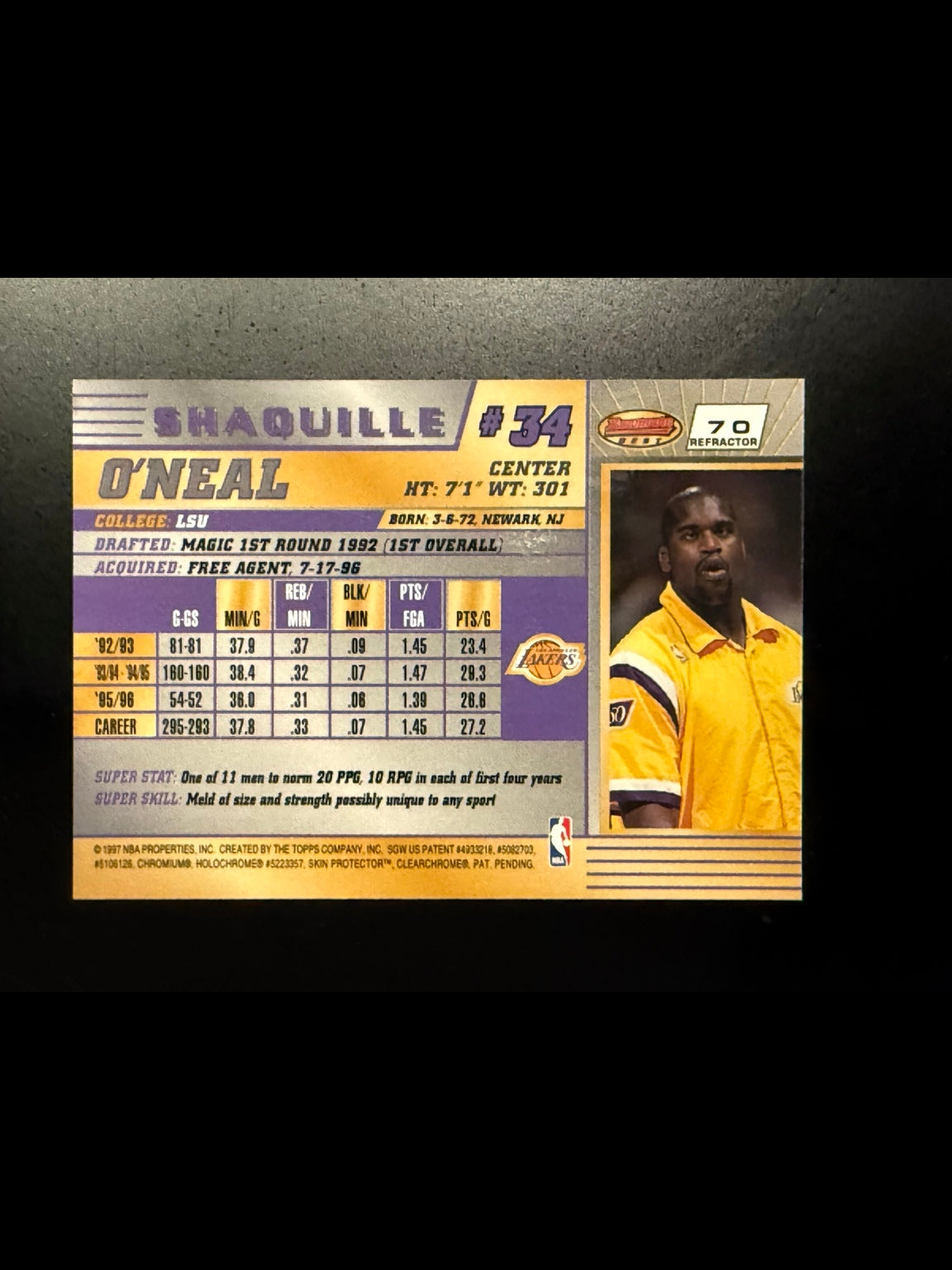 1996 Bowman's Best Shaquille O'Neal Refractor #70 back