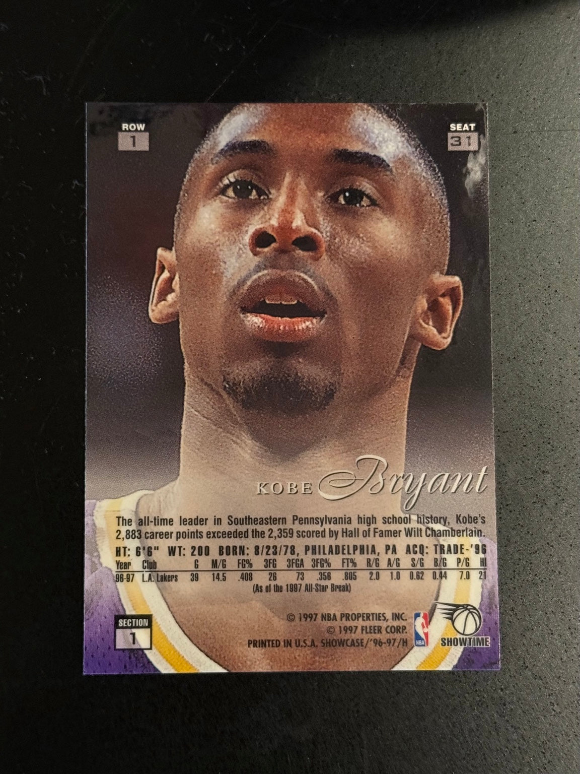 1996 Flair Showcase Kobe Bryant Row 1 #31 rookie card - back