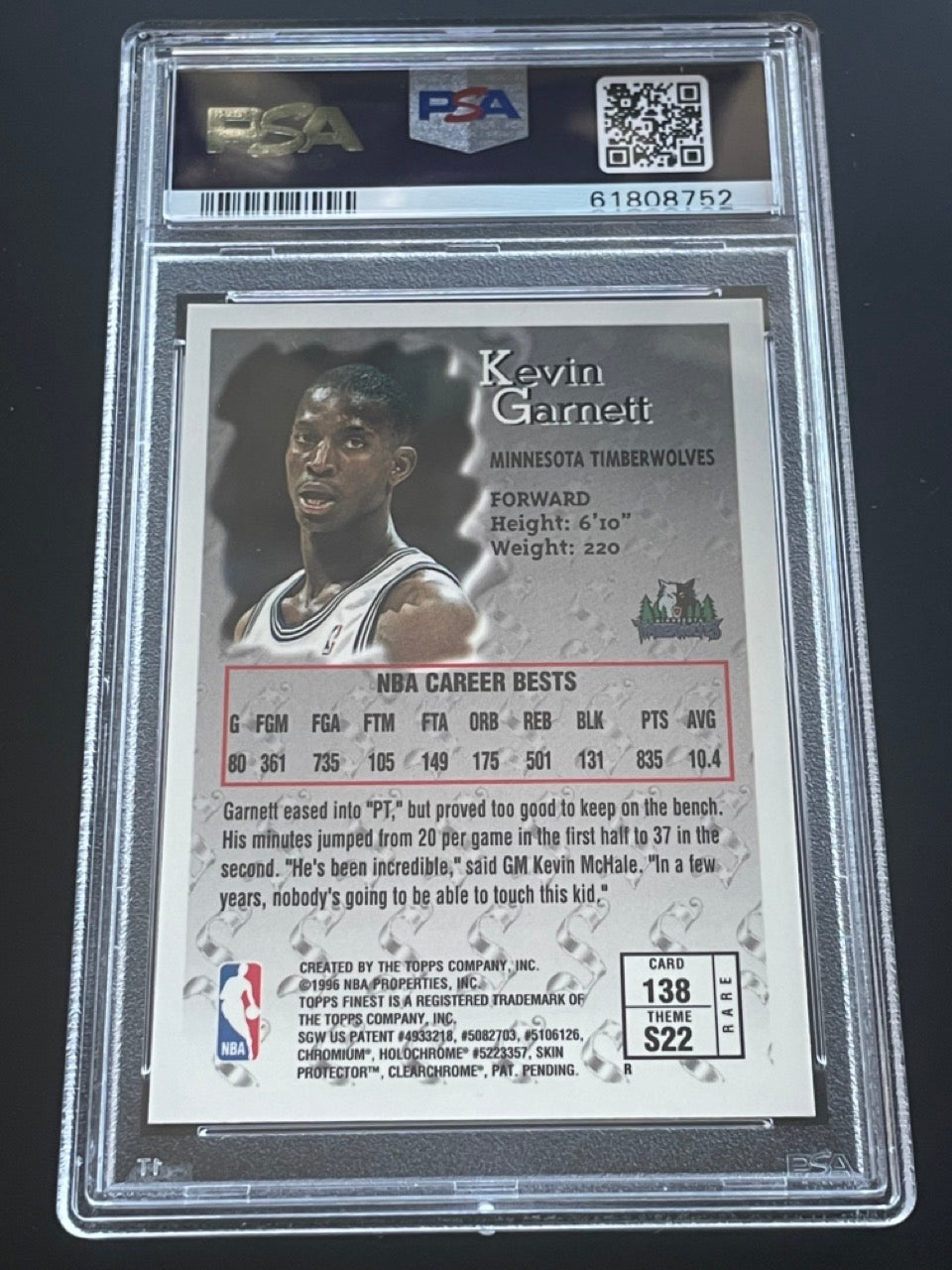 1996 Finest Kevin Garnett #138 With Coating PSA 9 Timberwolves - back