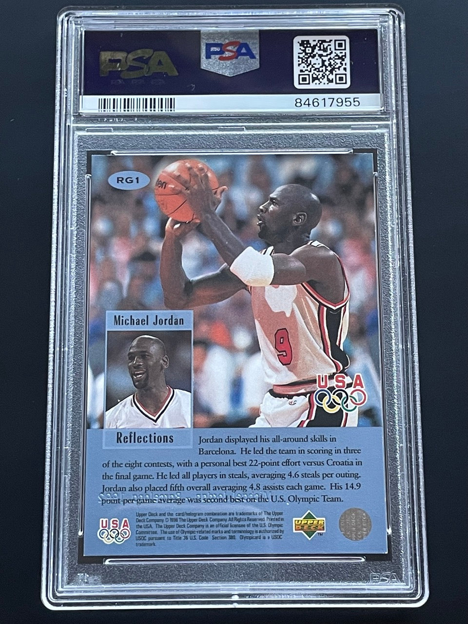 1996 Upper Deck US Olympic Michael Jordan Reflections of Gold #RG1 PSA 8 - back