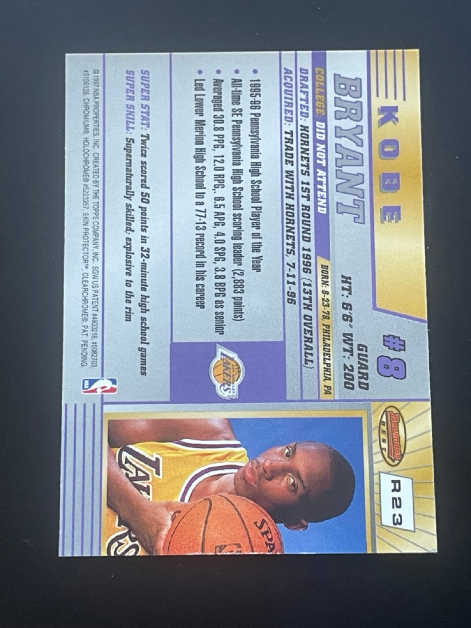1996 Bowman's Best Kobe Bryant Rookie #R23 Los Angeles Lakers - back