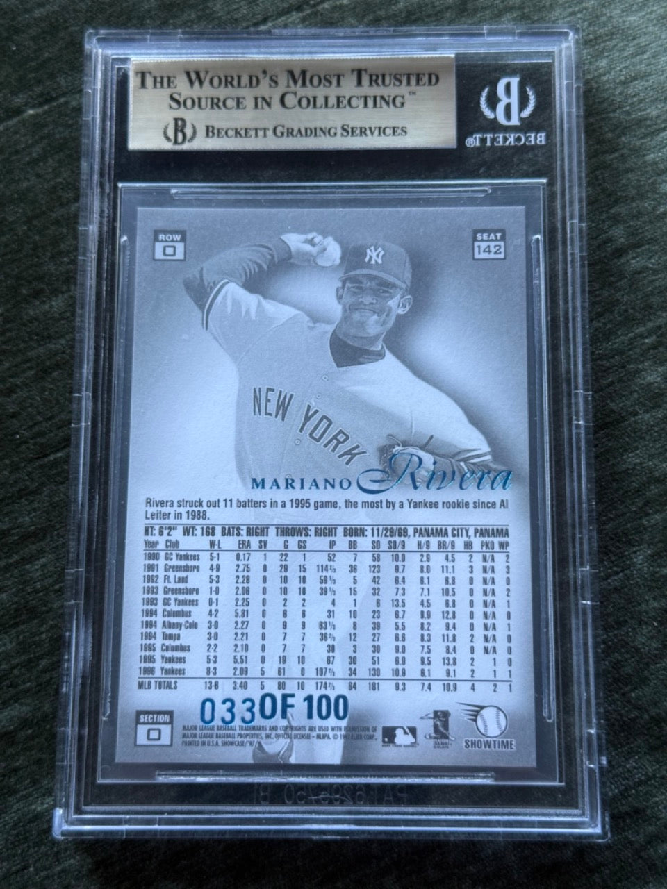 1997 Flair Showcase Mariano Rivera Row 0 #142 Legacy Collection /100 BGS 9.5 - back