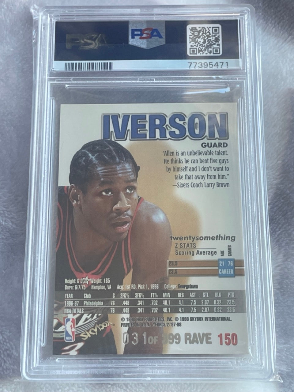 1997 Skybox Z-Force Allen Iverson Rave #150 /399 PSA 7 Sixers - back