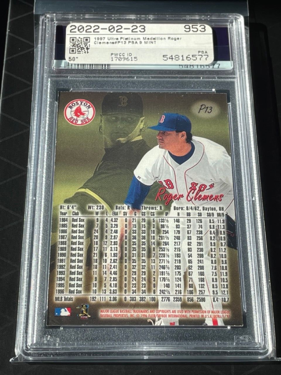 1997 Ultra Roger Clemens Platinum Medallion #P13 PSA 9 Boston Red Sox - back