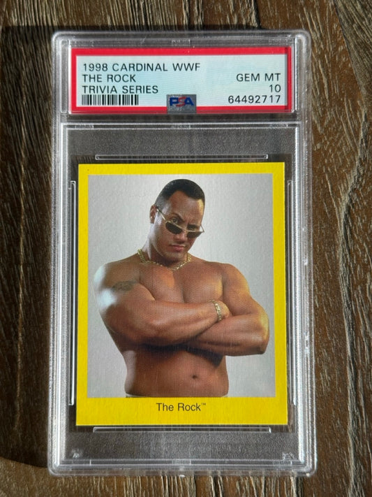 1998 Cardinal WWF The Rock Trivia Series PSA 10 front