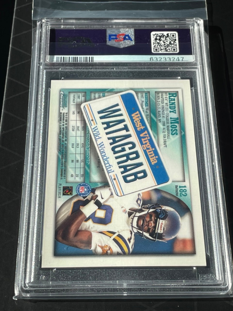 1998 Bowman Chrome Randy Moss Interstate Refractor Auto RC #182 PSA 9 Auto 10 - back