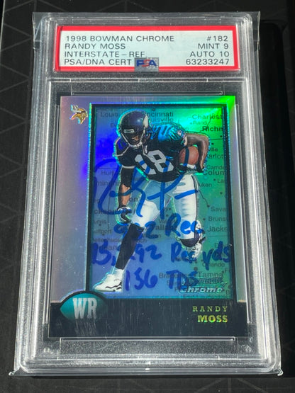 1998 Bowman Chrome Randy Moss Interstate Refractor Auto RC #182 PSA 9 Auto 10