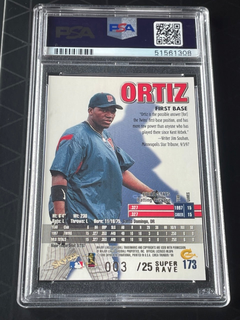 1998 Circa Thunder David Ortiz Super Rave /25 #173 PSA 10 Minnesota Twins - back