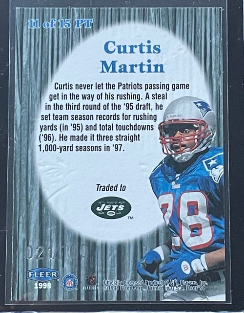 1998 Fleer Tradition Playmakers Theatre Curtis Martin #11 21/100 - back