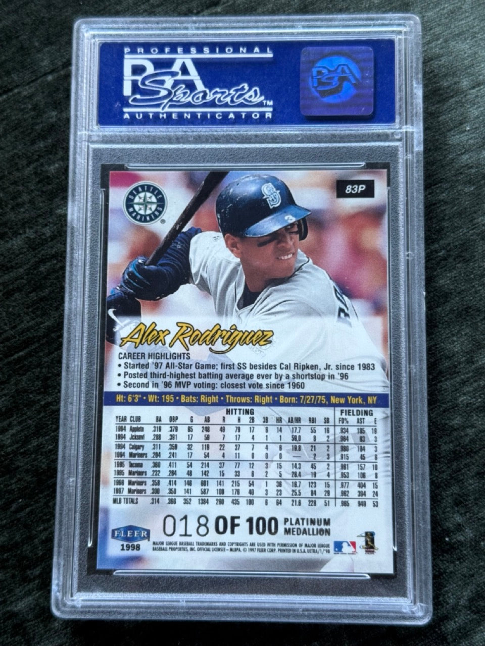 1998 Fleer Ultra Alex Rodriguez #83P Platinum Medallion /100 PSA 9 - back