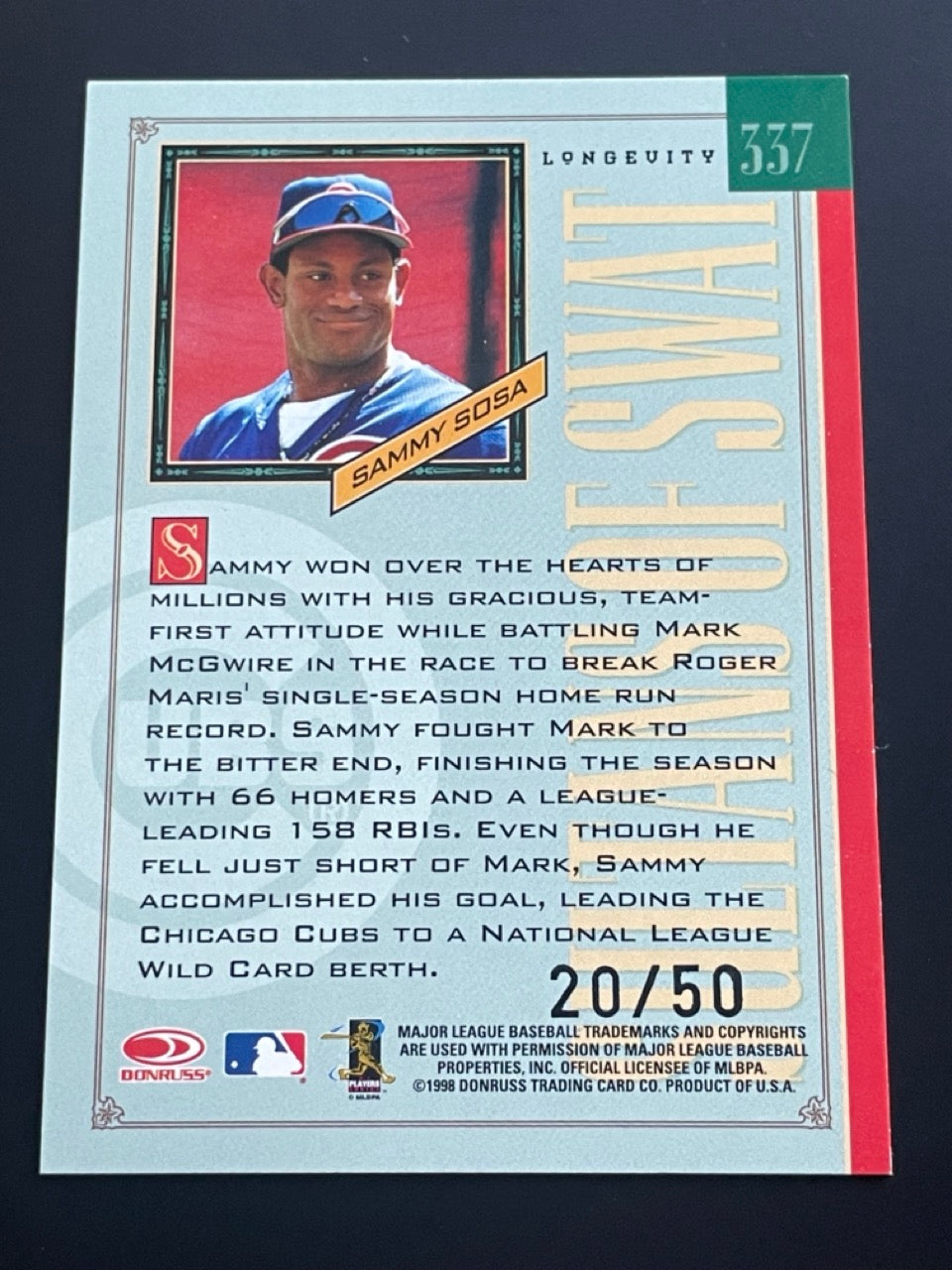 1998 Leaf Rookies & Stars Sammy Sosa Sultans of Swat Longevity #337 /50 - back