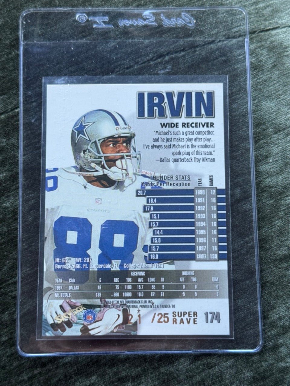 1998 Skybox Thunder Michael Irvin #174 Super Rave /25 Cowboys - back