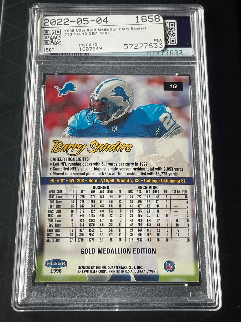 1998 Ultra Barry Sanders Gold Medallion #1G PSA 10 Detroit Lions - back