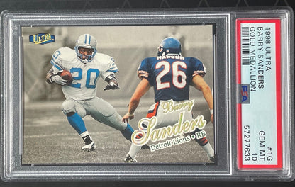 1998 Ultra Barry Sanders Gold Medallion #1G PSA 10 Detroit Lions - front horizontal