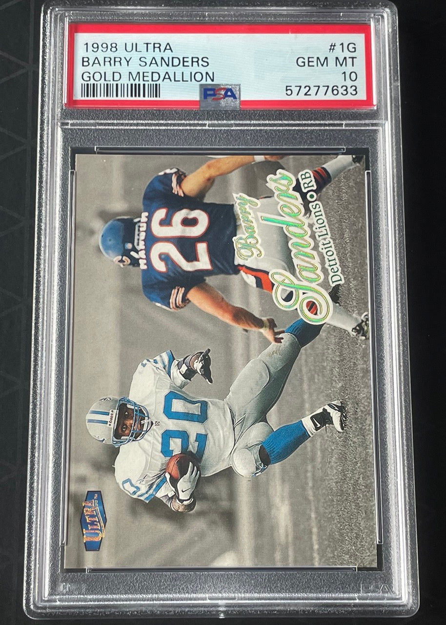 1998 Ultra Barry Sanders Gold Medallion #1G PSA 10 Detroit Lions - front vertical